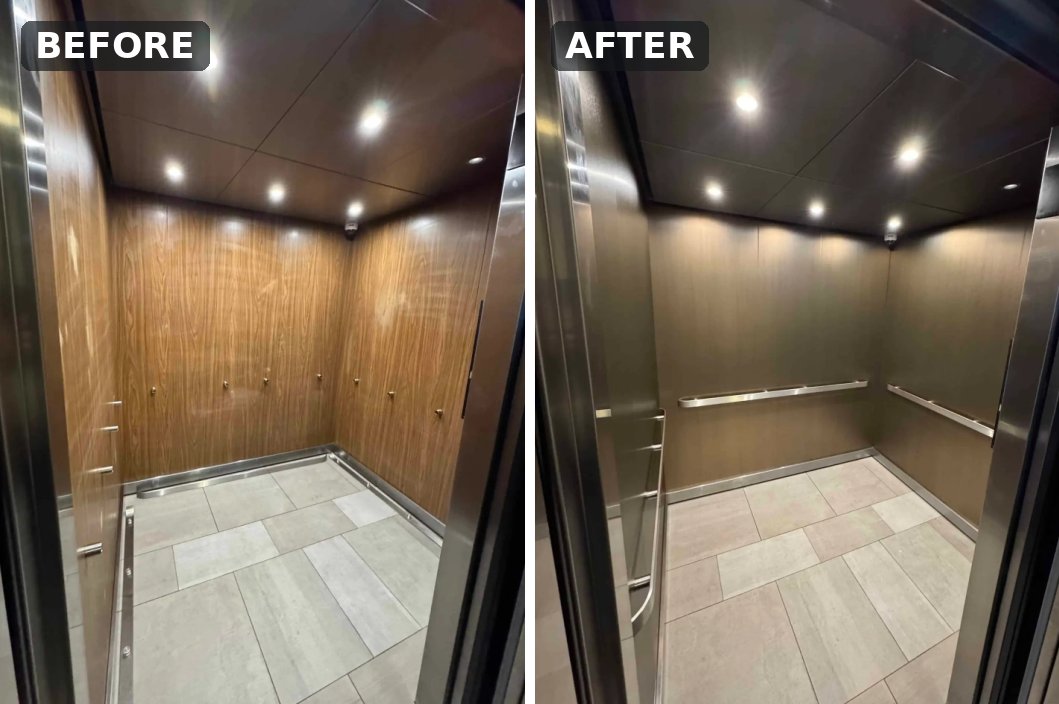Before and after: walnut elevator cab walls wrapped in bronze metallic film