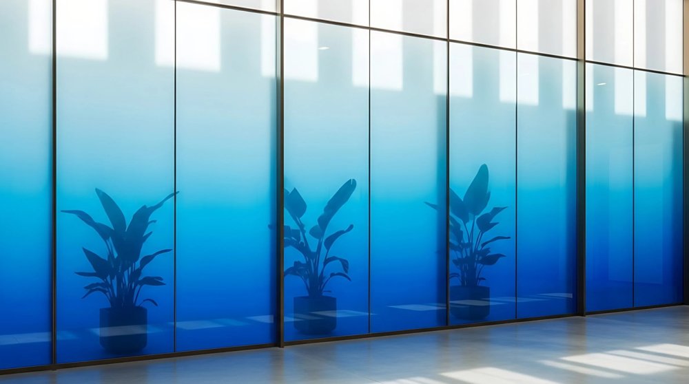 Glass partition wall with blue gradient film