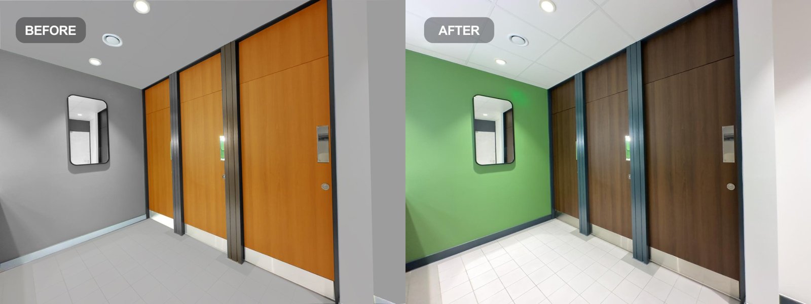 Before and after: restroom with orange woodgrain doors rewrapped in dark walnut and a green feature wall