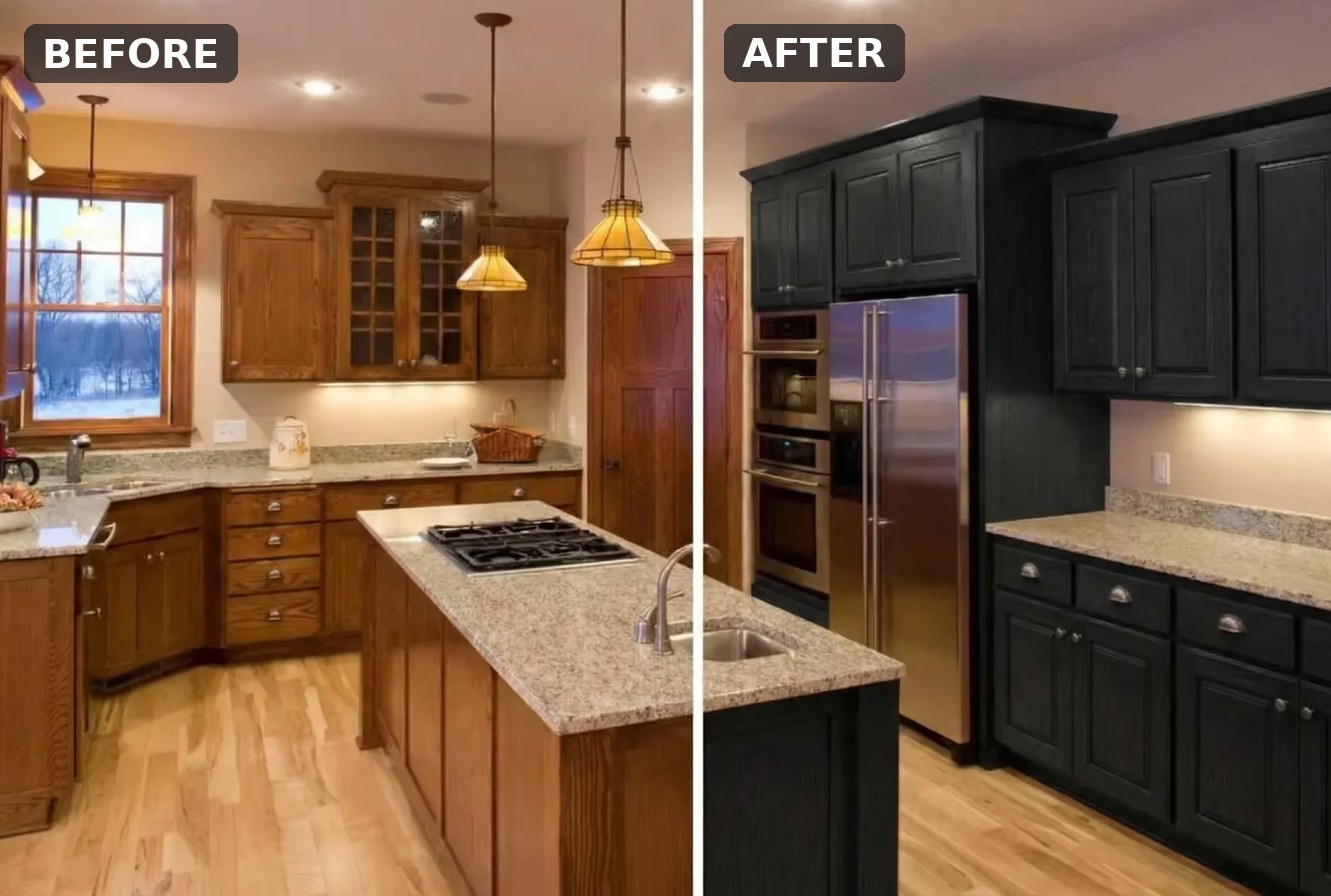 Kitchen before and after: golden oak cabinets wrapped in black woodgrain