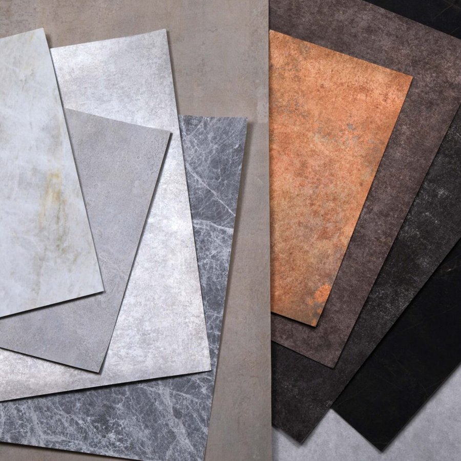 Concrete, stone and rust-look film samples fanned out