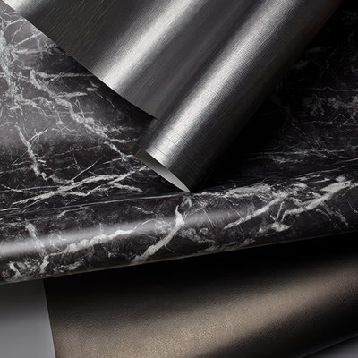 Brushed metal and black marble film rolls