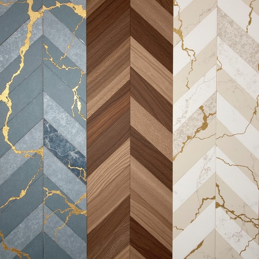 Chevron patterned stone and wood finishes with gold veining