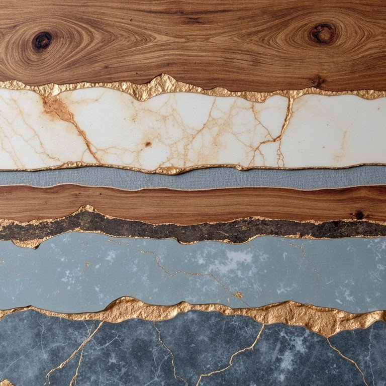 Layered wood and stone finishes separated by gold seams