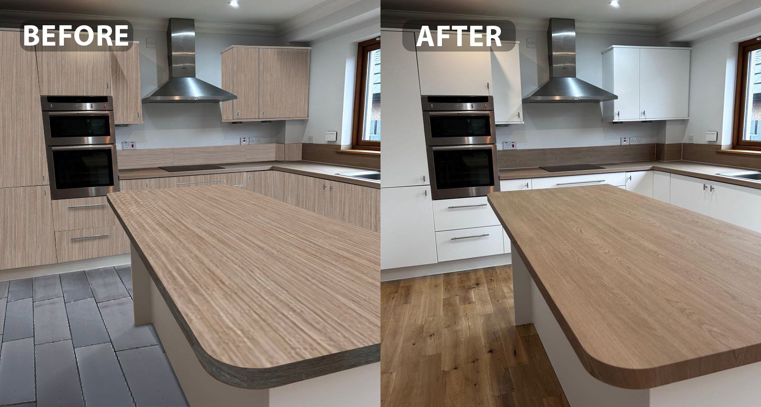 Before and after: light woodgrain kitchen cabinets wrapped in matte white