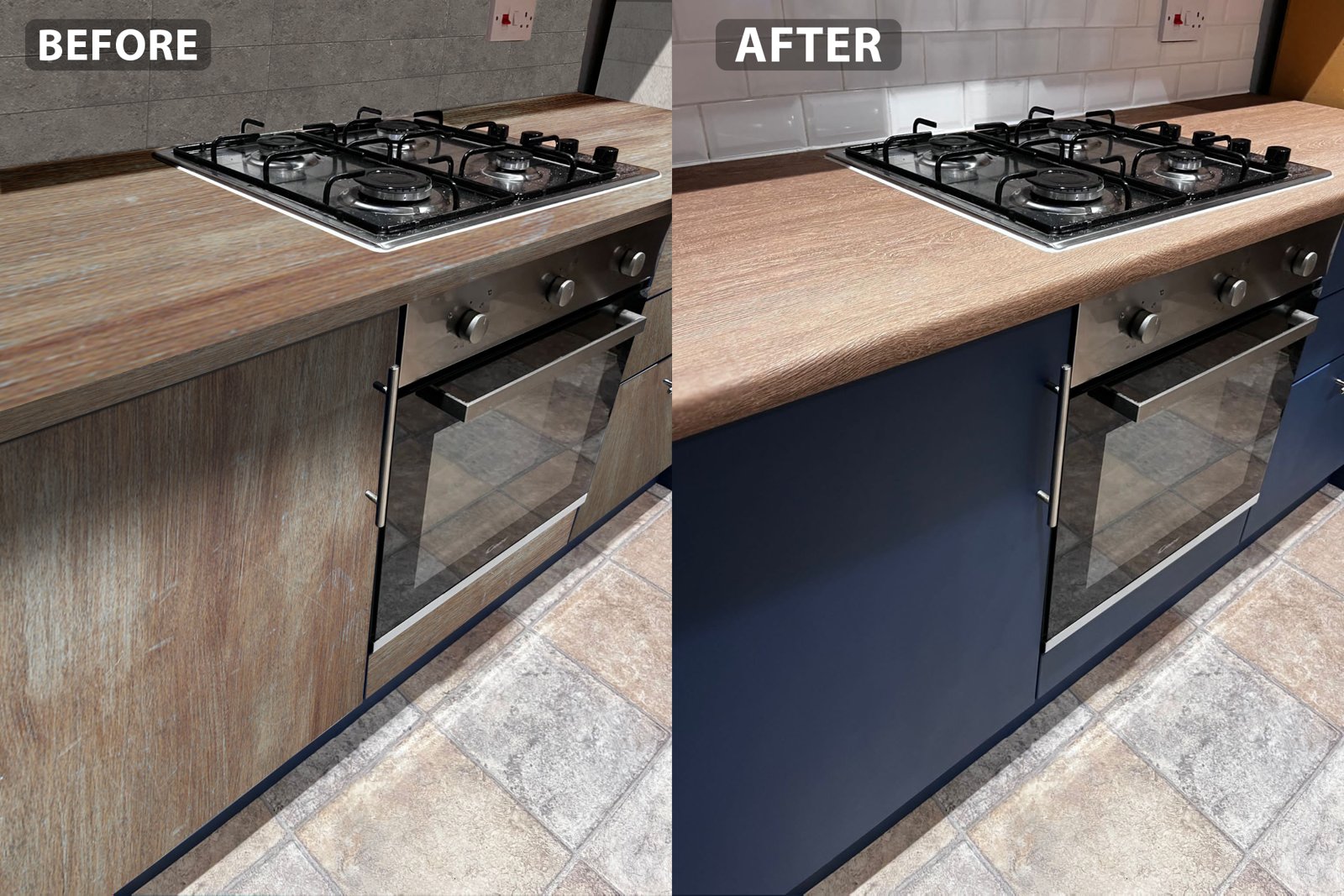Before and after: scratched oak base cabinet wrapped in navy with a renewed oak countertop