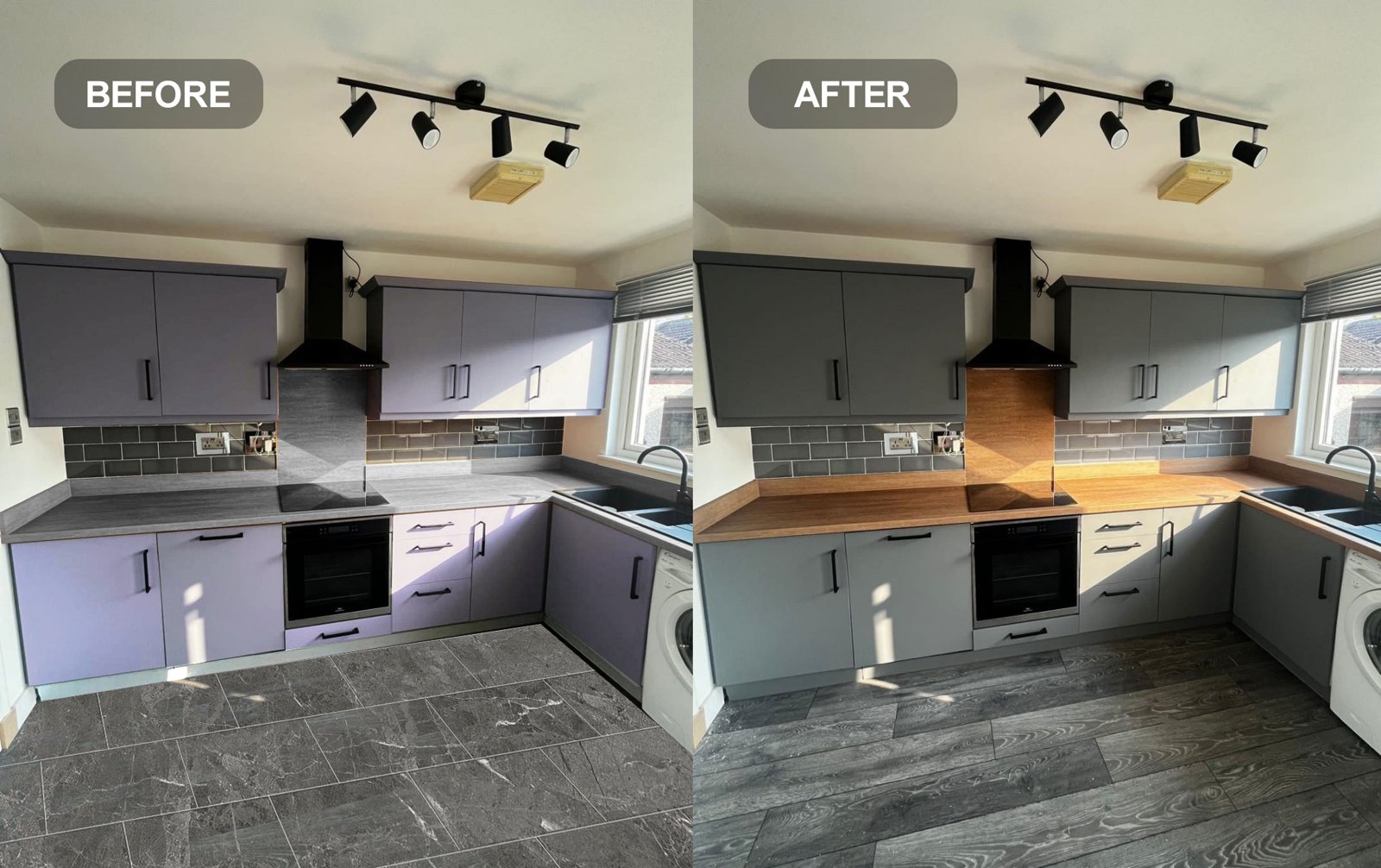Before and after: lilac cabinets and gray counters wrapped in soft gray with oak-look countertops