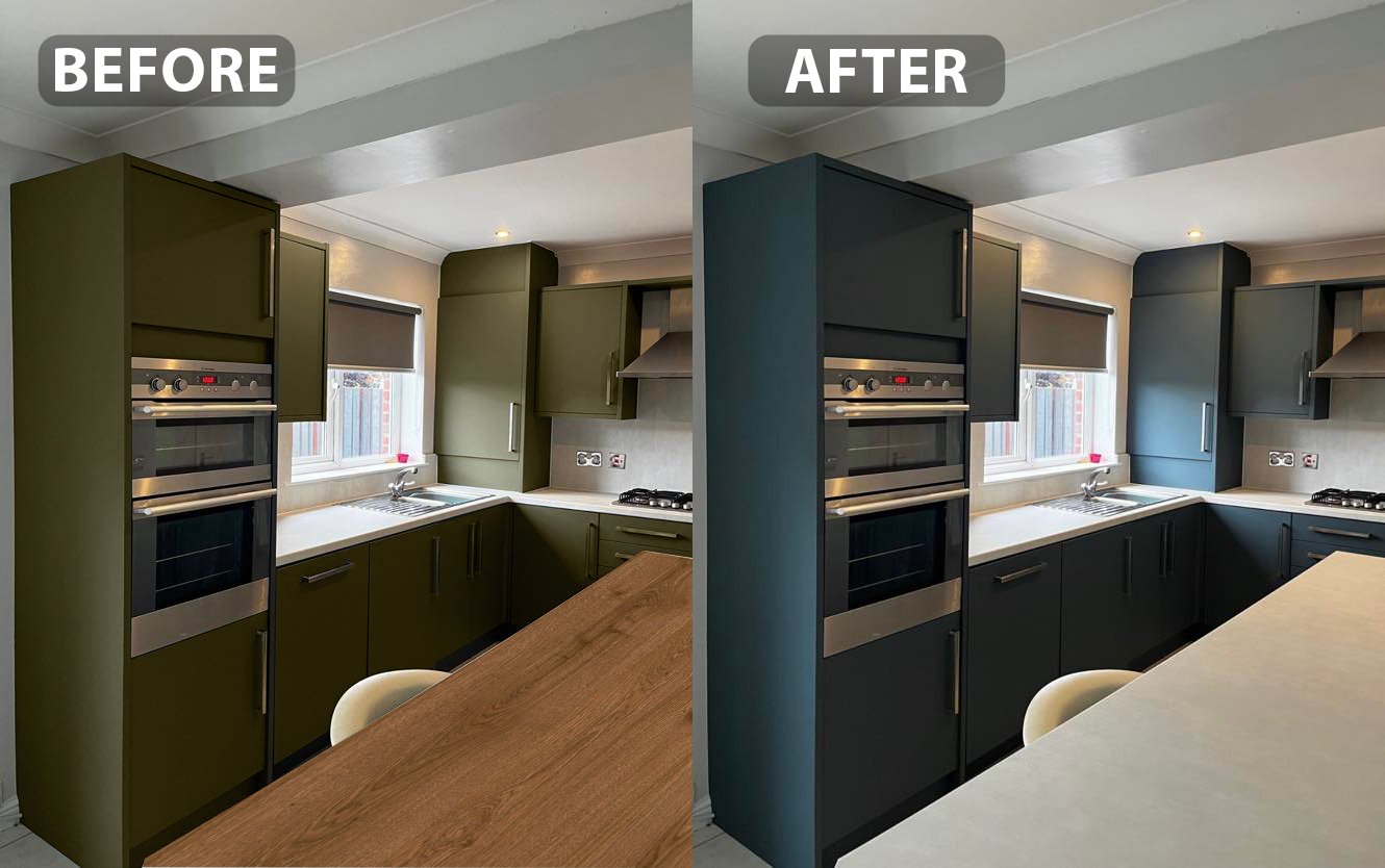 Before and after: olive green cabinets wrapped in slate blue with a stone-look island top