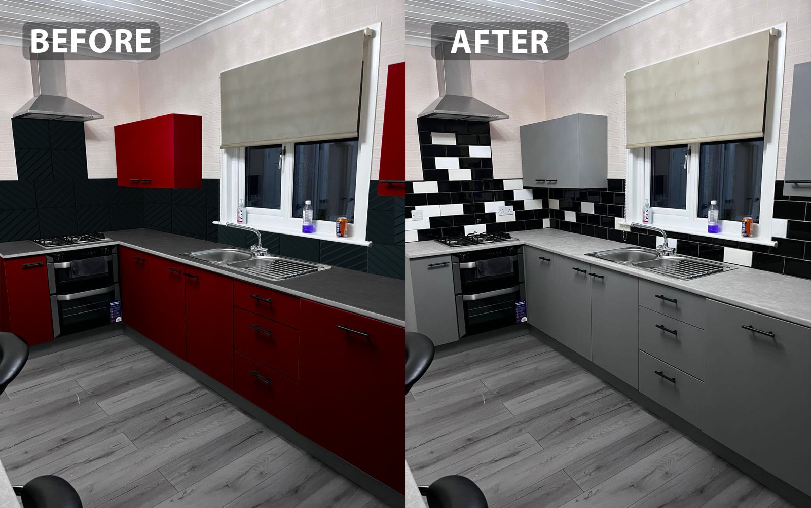 Before and after: red cabinets and dark counters wrapped in gray with light stone-look counters