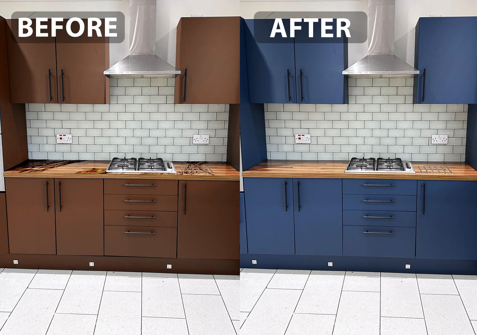 Before and after: brown cabinets wrapped in cobalt blue